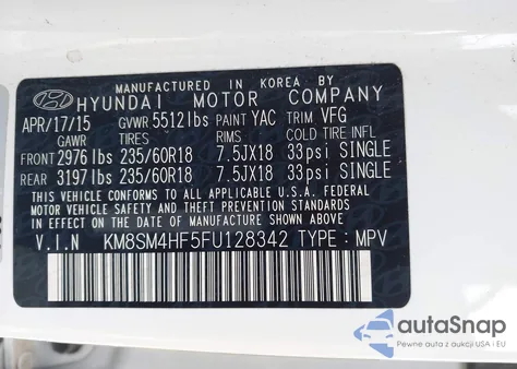 2015 Hyundai Santa Fe Gls из США, поврежденный, VIN KM8SM4HF5FU128342